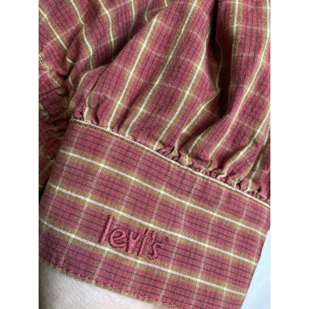 Levis Crop Top Blouse XL Red Cotton Plaid Puff Sleeve Smocked Milkmaid Boho Y2K - Picture 4 of 11